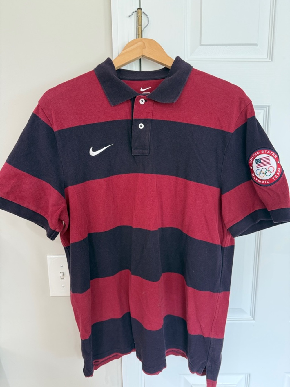 Nike Men’s Polo - Maroon & Navy Wide Stripe with Olympic Patch